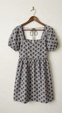Loft Beach L Blue Coastal Tie Back Puff Sleeve Mini Dress Floral Preppy Romantic