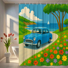 Colorful Blue Car Shower Curtain for Beach and Floral Decor