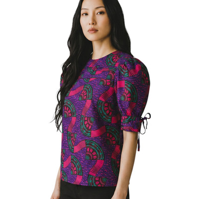 Ulla Johnson Blouse Womens 4 Puff Sleeve Etta Purple Art Print Cotton Top Small