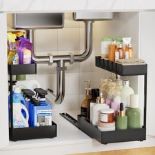 Creahaus 2 Pack Under Sink Organizer with Metal Slides, 2-Tier Kitchen Bathroom