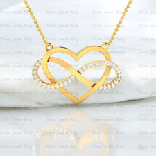 Women Double Heart Infinity Diamond Necklace Yellow Gold Plated CZ Pendant
