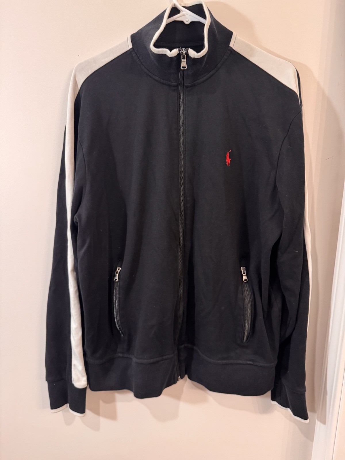 Polo Ralph Lauren Full Zip Track Jacket Uomo L Nero Bianco Righe Rosso Pony