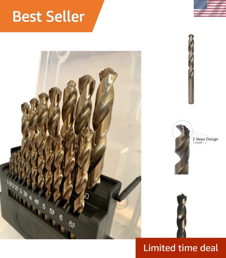 135-Degree Cobalt Twist Drill Bits Set for Stainless Steel, 19 Sizes Included