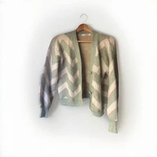 Clara Paris Chevron Knit Cardigan Green White Beige Soft Fuzzy Oversized S/M