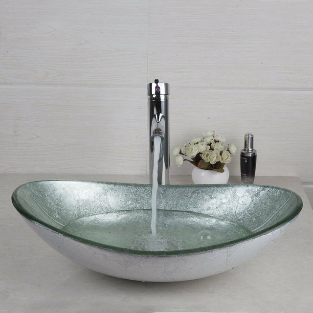 Glass Artistic Vessel Sink Bowl Faucet Drain Combo ...