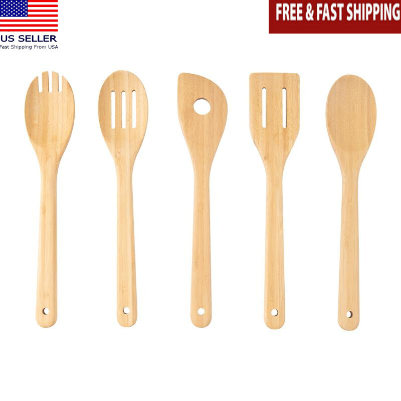 100% Natural Bamboo Kitchen Tool Set 5 Pieces Utensils Multi-Functional Cooking
