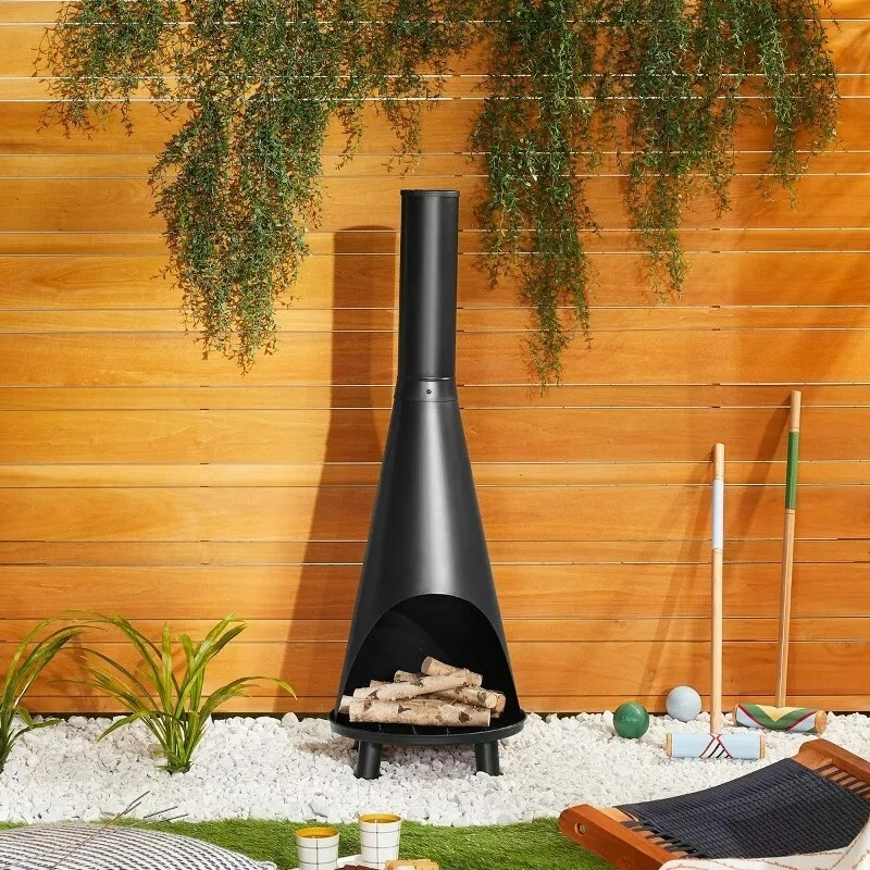 Outdoor Fire Pit Chiminea Wood Burning Fireplace Round Metal Steel Black 50  Inch | eBay