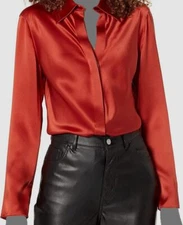 $395 Vince. Women's Red Bias Cut Button-Up Silk Satin Shirt Blouse Top Size M
