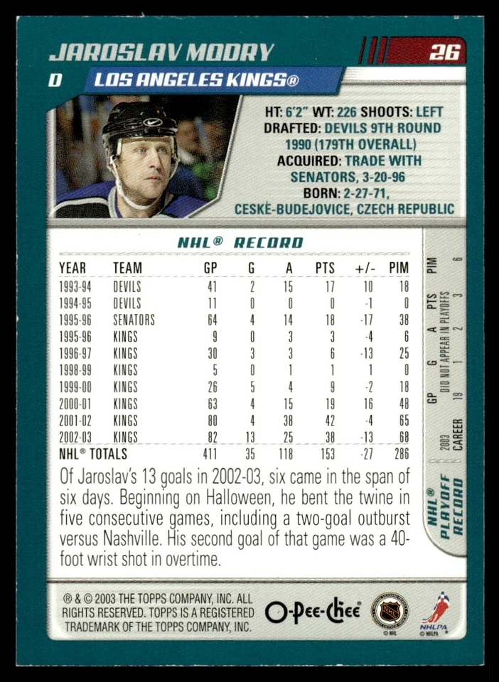 2003-04 Topps O-Pee-Chee Blue Line Jaroslav Modry 079/500 Los Angeles Kings #26 - Image 2 of 2