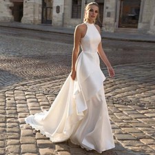 Simple Satin White Wedding Dress Halter Neck Backless Pleated Train Bridal Gowns