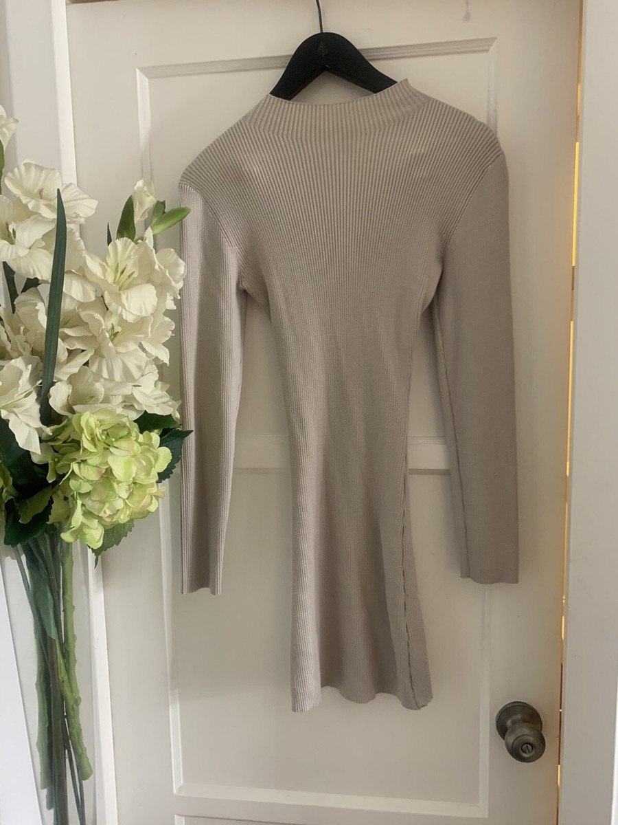 NEW! MISSGUIDED Beige Tan Long Sleeve Ribbed Dress Mock Neck Stretch Sweater