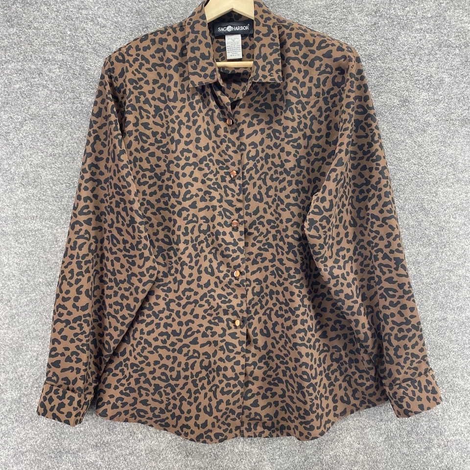 Sag Harbor 衬衫女式 18 Plus 棕色动物印花纽扣领长袖 — 第 4/4 张图片