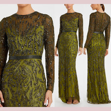 NWT $598 Mac Duggal [ 2 ] 5124 Beaded Long Sleeve Evening Gown Olive Green J1209