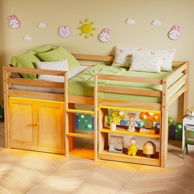 Wood Loft Bed for Kids, Low Loft Bed Twin Size with Storage Cabinet, Shelf and