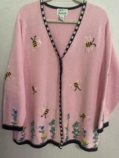 Vintage Quacker Factory Bee Cardigan Sweater Size 1X Womens Embroidered