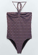 New Zara Geometric Patterned Printed Gathered Front Detail Halter Bodysuit M
