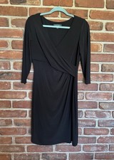 Lauren Ralph Lauren Ruched Faux-Wrap 3/4 Sleeve Black Dress Size 10P Lined