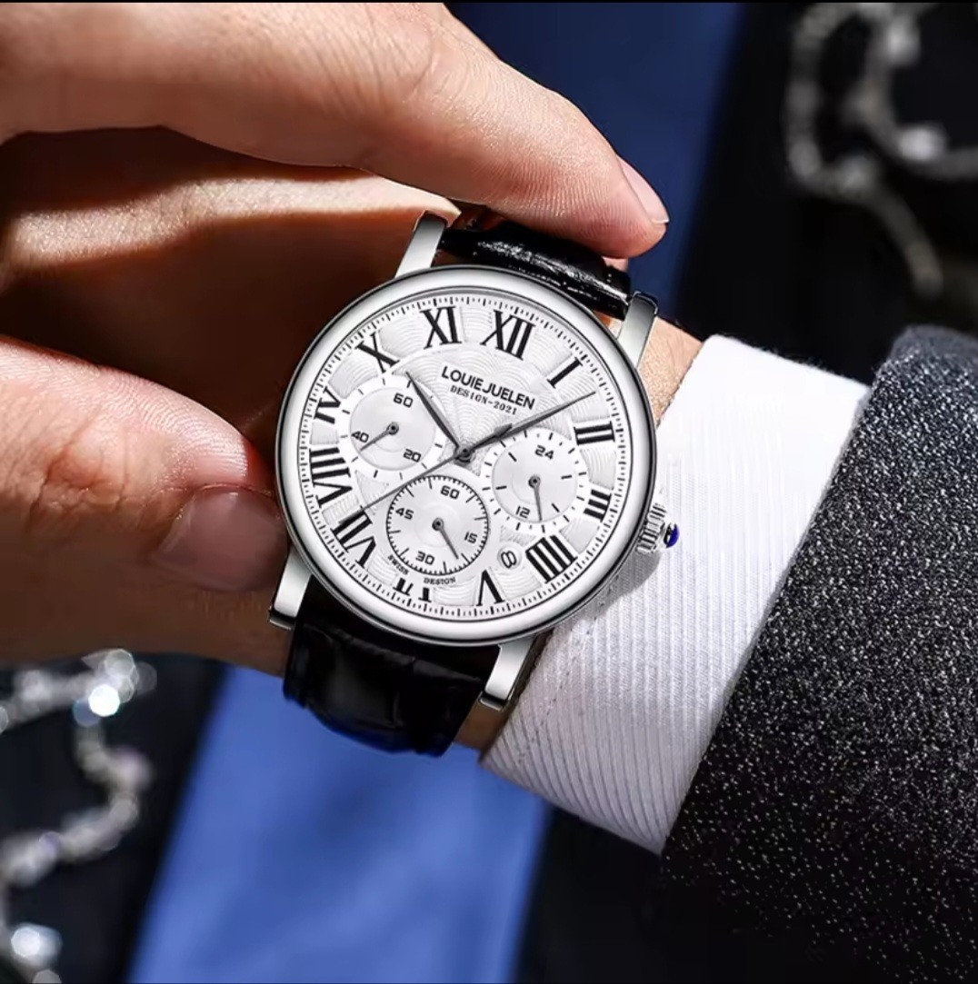 Louie Juelen Mens Watch Luxury Chronograph Quartz Leather Strap 