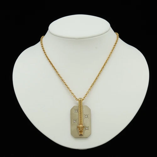 Collana con ciondolo rettangolare strass testa di medusa VERSACE metallo argento e oro