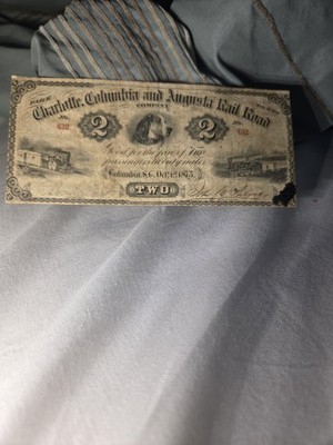 1873 Charlotte, Columbia & Augusta Railroad Company $2''Fare Ticket''obsolete note