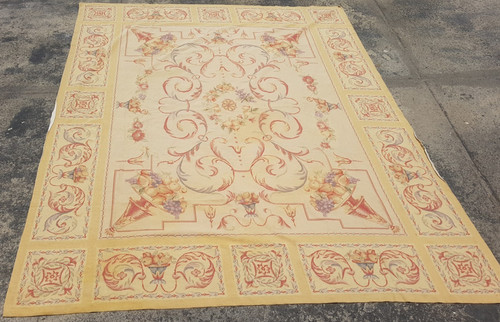 Vintage French Floral Needlepoint Handmade Multicolor Rug Wool Carpet 283x232 cm