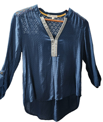 Jolt womans small dark teal tunic with decorative trim on v-neck Roll tab sleeve