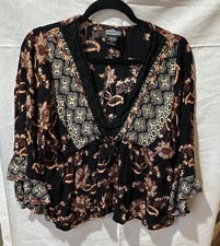 Fairy Goth Whimsical Black Floral Shirt With Exaggerated Bell Sleeves Sz S