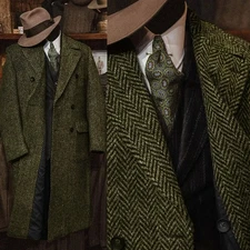Herringbone Men Coats Tweed Jacket Long Overcoats Outwear Wool Blend Business