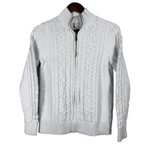 LL Bean White Cotton Double L Mixed-Cable Knit Full Zip Cardigan Sweater Size M