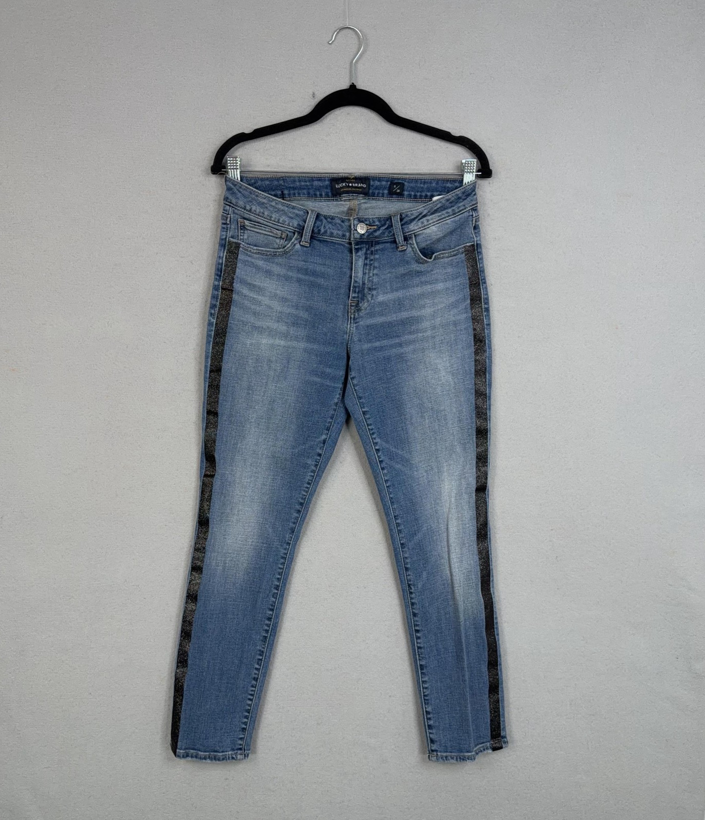 Lucky Brand Jeans Womens 6/28 Blue Lolita Skinny Glitter Tuxedo Stripe Denim
