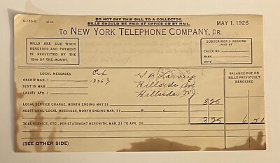 1926 New York Telephone Co Local Service Monthly Bill  G.B. Larney New Jersey