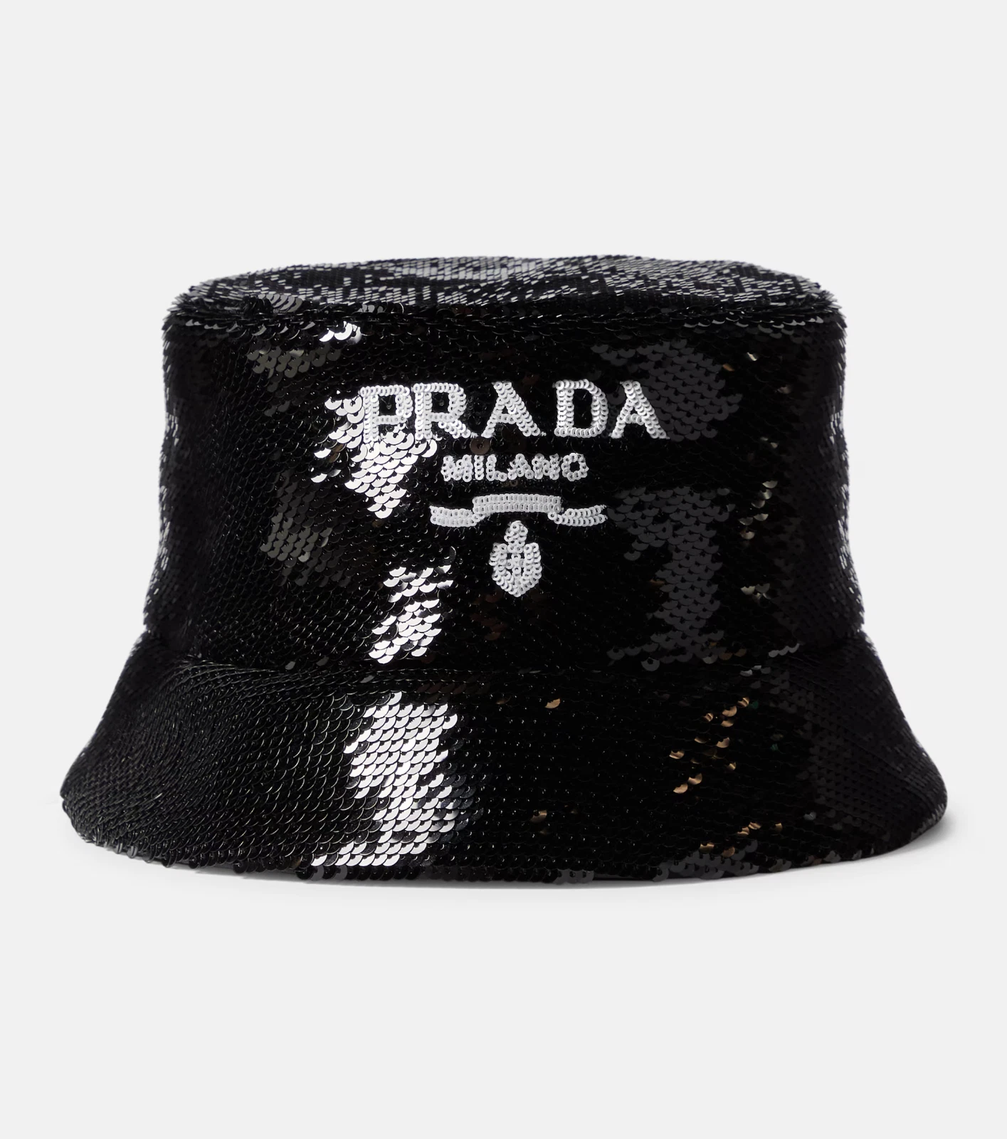 Prada Sequin Logo Bucket Hat Size M Black Paillettes Authentic Shimmering Cap