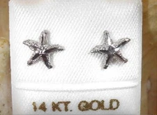 7MM PETITE SOLID 14K WHITE GOLD DIAMOND CUT DC HAWAIIAN PE'A STARFISH EARRINGS