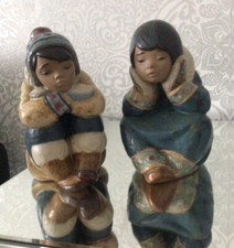 2 STUNNING LLADRO GRES "PENSIVE ESKIMO GIRL & BOY"2158 & 2159  MINT JAN SALE