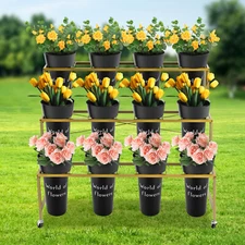 3 Tier Moving Shelf Metal Plant Stand Flower Display Stand+Wheel&12 Round Bucket