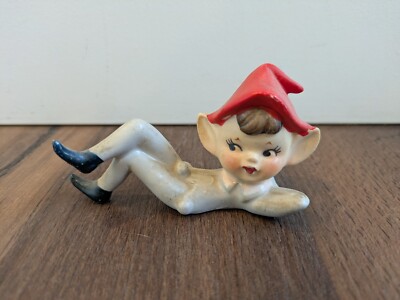 Vinag Pixie Figurine Elf Mid Century Fairy Garden Gnome Figurine Red Grey Japan