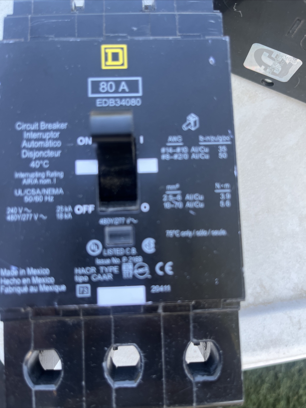 80 AMP SQUARE D BREAKER EDB34080 480Y/277 VOLT 3-POLE | eBay