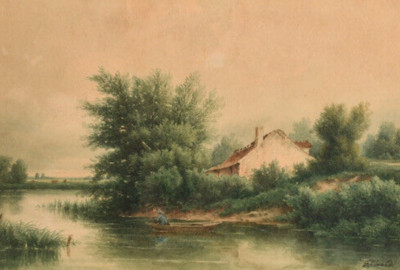 Haus am Fluss mit Angler, Aquarell von Théodore Ghirardi
