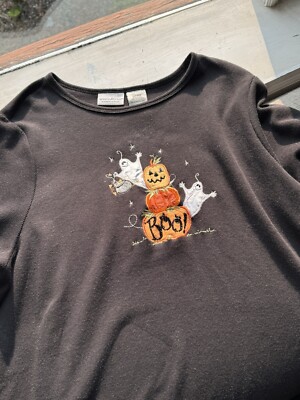 White Stag Halloween Embroidered Long Sleeve 18W/20W Ghost Pumpkin Boo Plus Size
