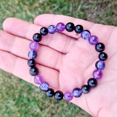 Mystische Feen Heilarmband mit schwarzem Obsidian, Amethyst & gefärbt geknistert