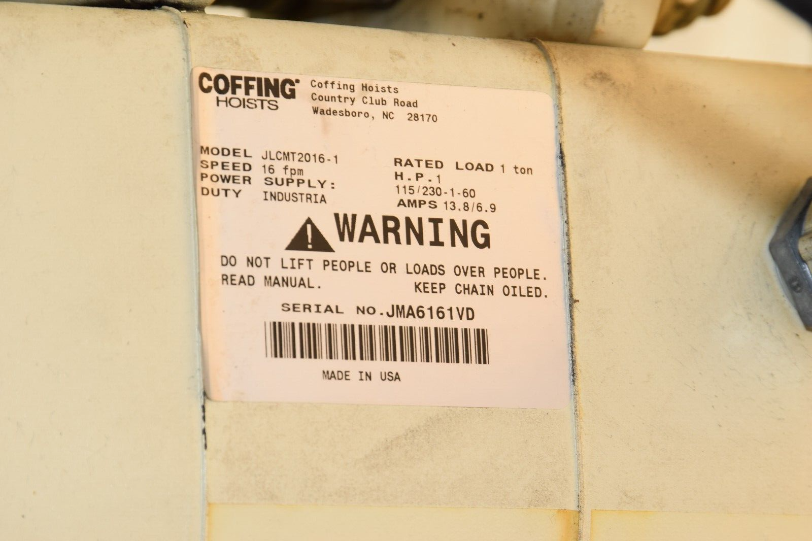 Coffing JLC 1 Ton Electric Hoist w/ Trolley JLCMT20161 JLC2016201