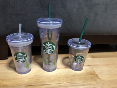 3 Starbucks coffee tumblers (2) 12 oz & (1) 24 oz With Lid And Straw Cups  Clear | eBay