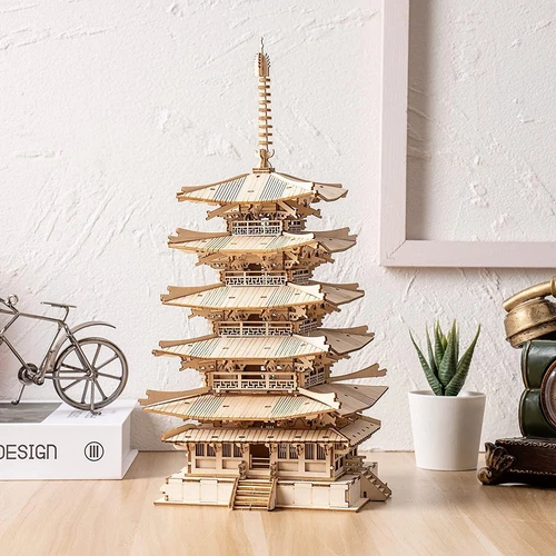 ROKR Fünfstöckige Pagode DIY 3D-Puzzles Holzgebäude-Modellbausätze Spielzeug