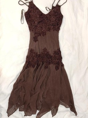 Sue Wong Nocturne Womens 2 Brown Beaded Sequin Fairy Dress Y2K Hanky Hem