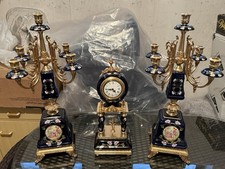 Mignon Limoges Stil 3er Set Uhr & 2 Kandelaber Porzellan Gold Handbemalt
