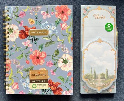 Desk Set Notebook  & Magnet Notes Ink Pen Blue Floral Garden Recycled Paper Gift