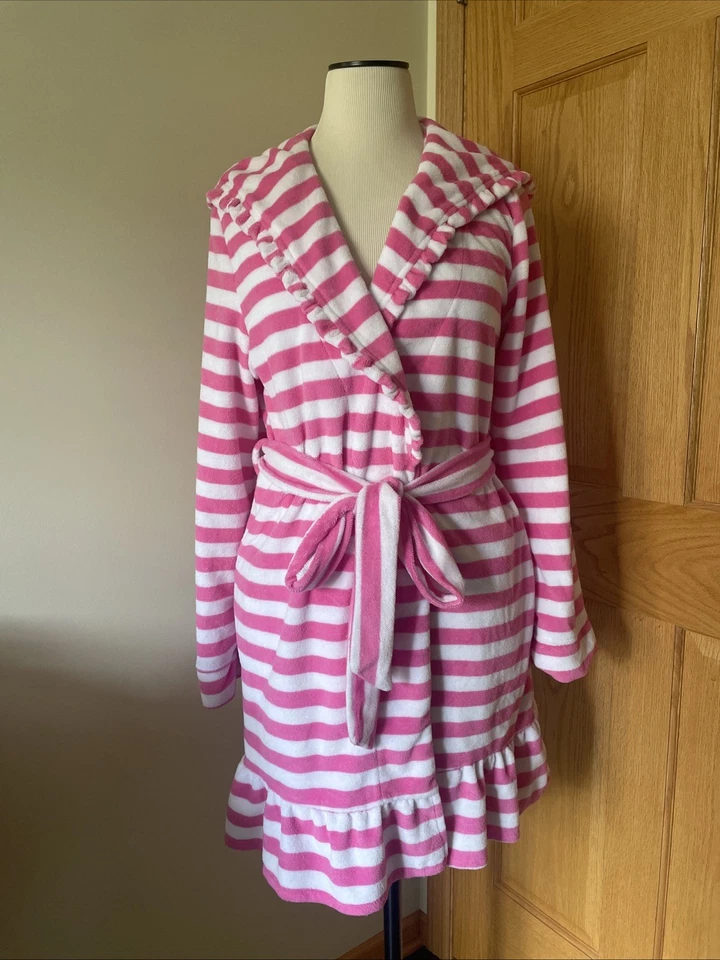 BETSEY JOHNSON Terciopelo Rosa Caramelo Blanco Rayas Volantes Borde Con Capucha Corbata Bata L Foto 2 de 4