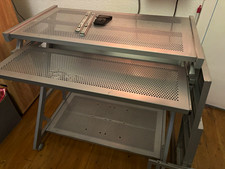 Silver Metal Perforated Assembly Workstation Bench with Shelves on Wheels