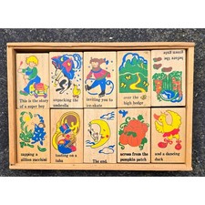 Vintage 1980's Storytelling Wooden Blocks Educational Set Storage Box 20 Pieces