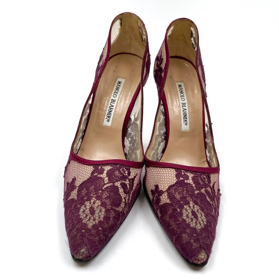 Manolo Blahnik Lace Pumps Burgundy Red Floral Pointed Toe Sheer Sz 37 / 7 - Image 4 of 4